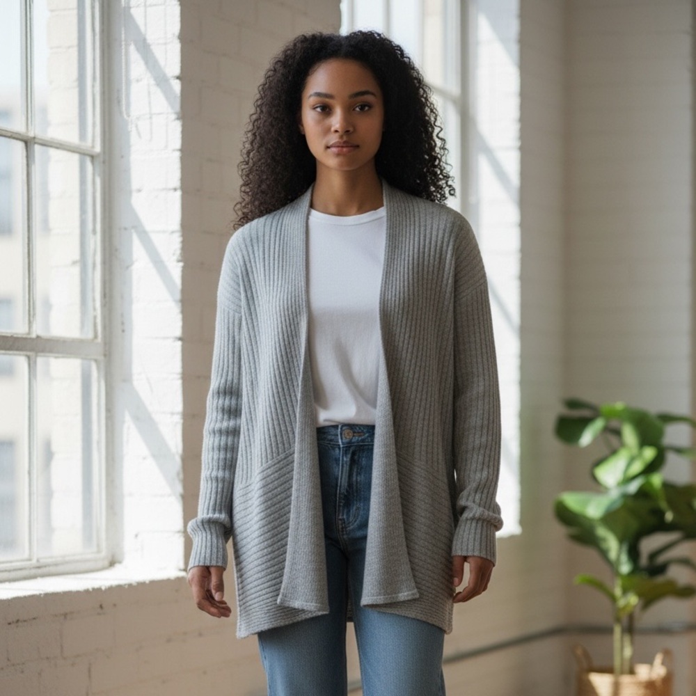 EILEEN FISHER Linen Silk  Cardigan Sweater Italian Yarn Gray Size Large 1044-11